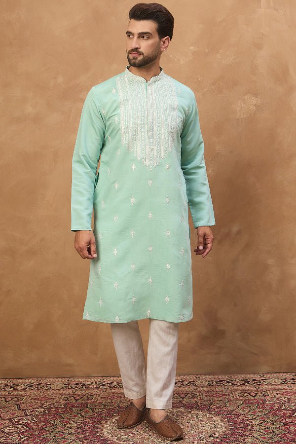 Blue Silk Blend Solid Embroidered Straight Kurta MKU1511