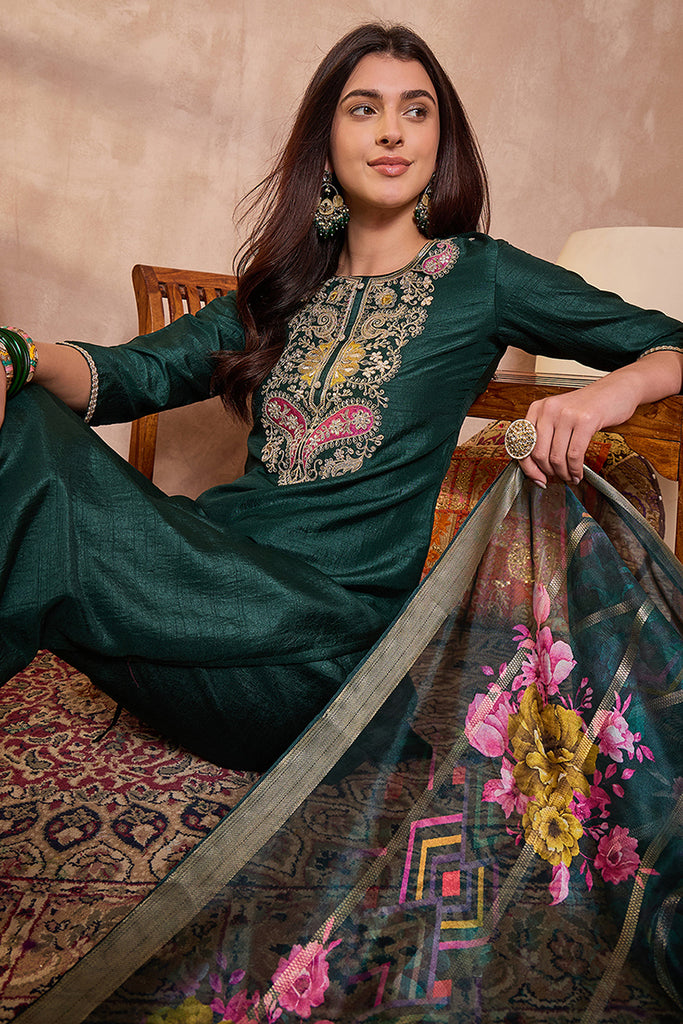 Green Silk Blend Solid Embroidered Straight Kurta Trouser With Dupatta PKSKD3101
