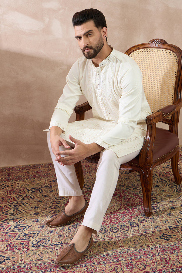 White Silk Blend Embroidered Mandarin Collar Straight Kurta With Trouser MKSET1891