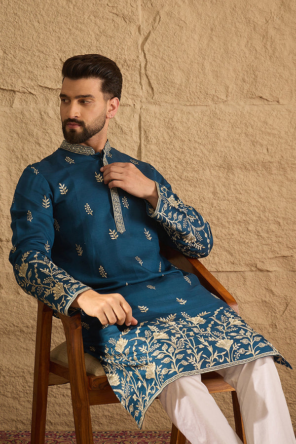 Blue Chanderi Silk Solid Embroidered Straight Kurta with Trouser MKSET1315