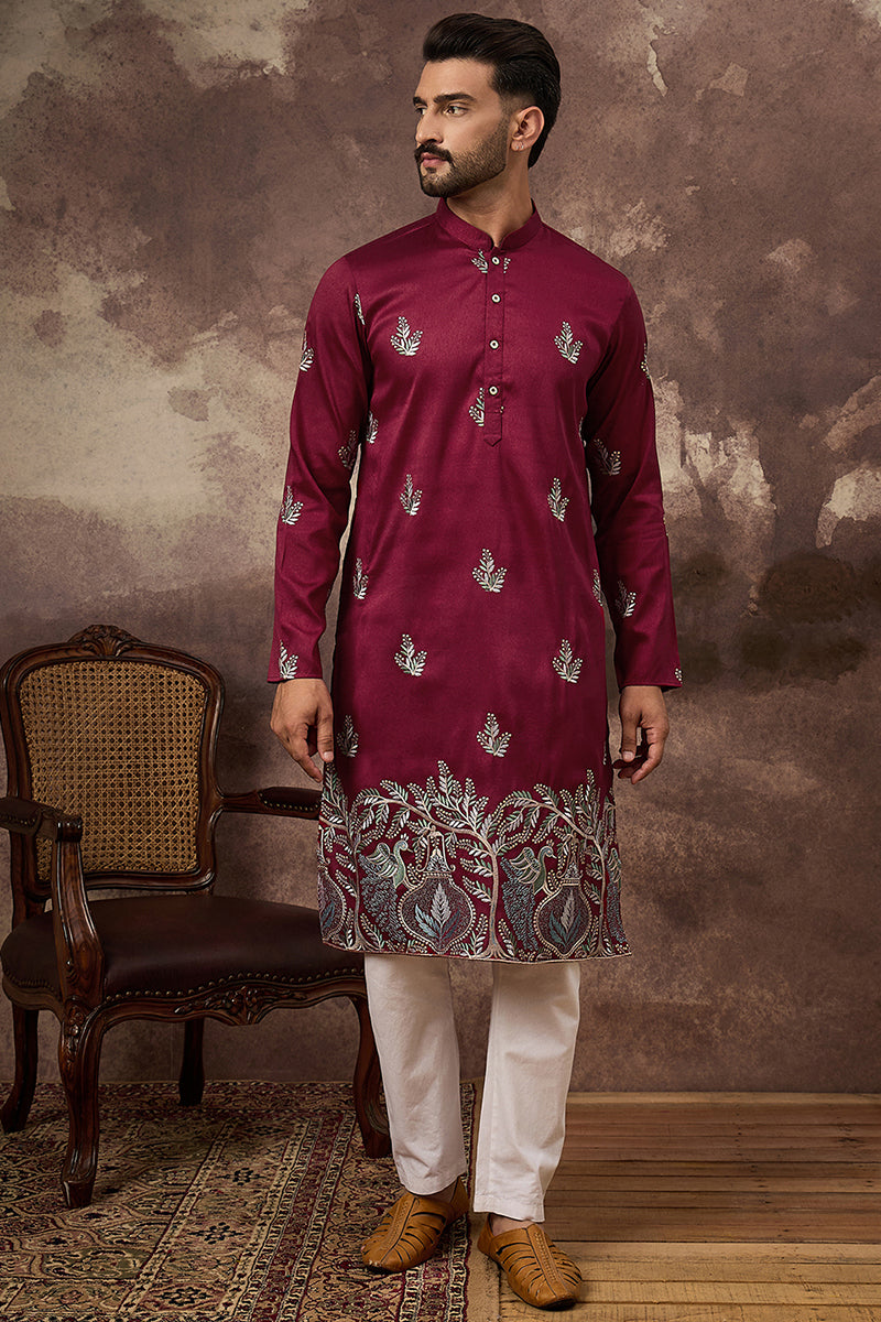 Maroon Silk Blend Solid Embroidered Straight Kurta with Trouser MKSET1346