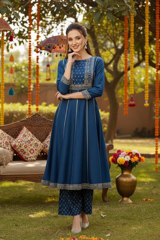 Teal Silk Blend Ethnic Motifs Anarkali Suit Set PKSKD1930