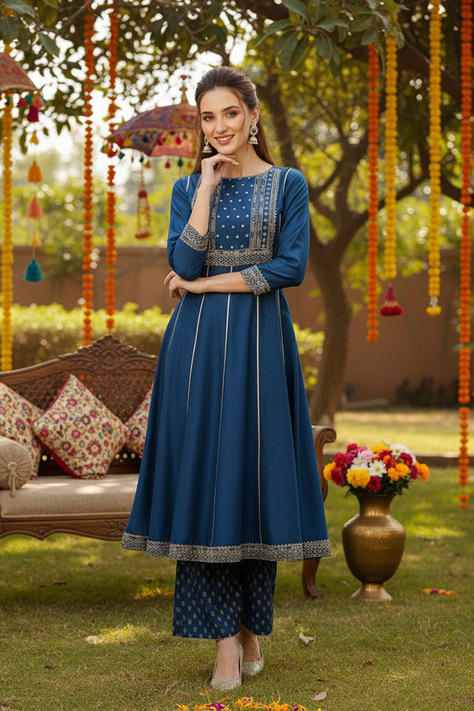 Teal Silk Blend Ethnic Motifs Anarkali Suit Set PKSKD1930