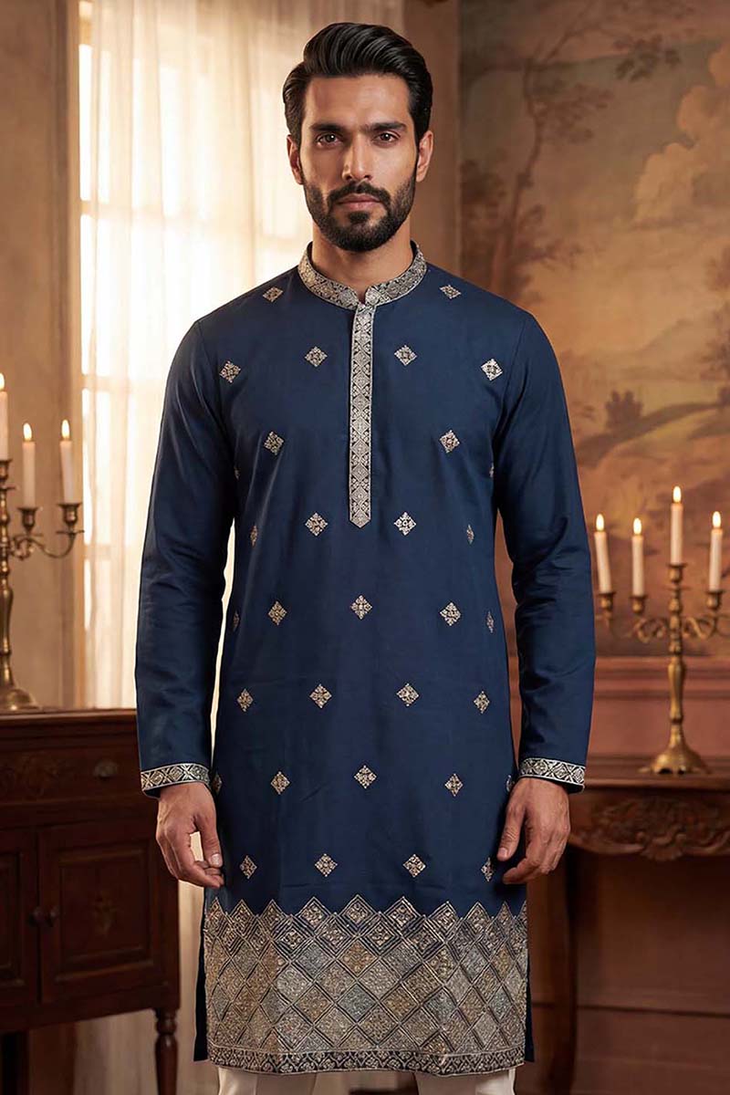 Silk Blend Blue Solid Embroidered Calf Length Straight Kurta MKU2099
