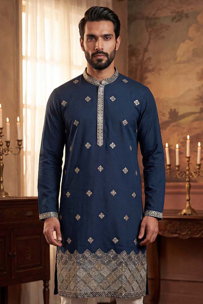 Silk Blend Blue Solid Embroidered Calf Length Straight Kurta MKU2099
