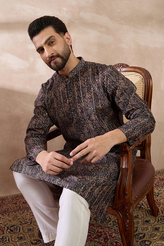 Black Silk Blend Printed Mandarin Collar Straight Kurta MKU2116