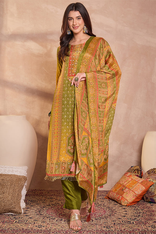 Olive Green Viscose Rayon Embroidered Kurta Trouser With Dupatta HPKSKD2786