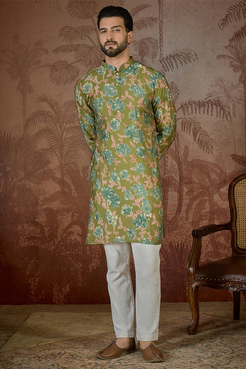 Green Silk Blend Floral Printed Kurta With Trouser MKSET2537