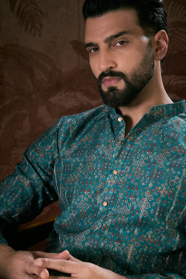 Blue Silk Blend Ethnic Motifs Printed Straight Kurta MKU1906