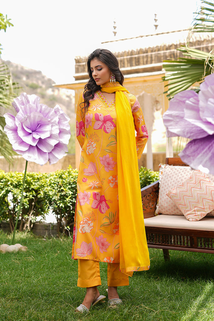 Yellow Silk Blend Floral Printed Straight Kurta Trousers With Dupatta SKSKD3099