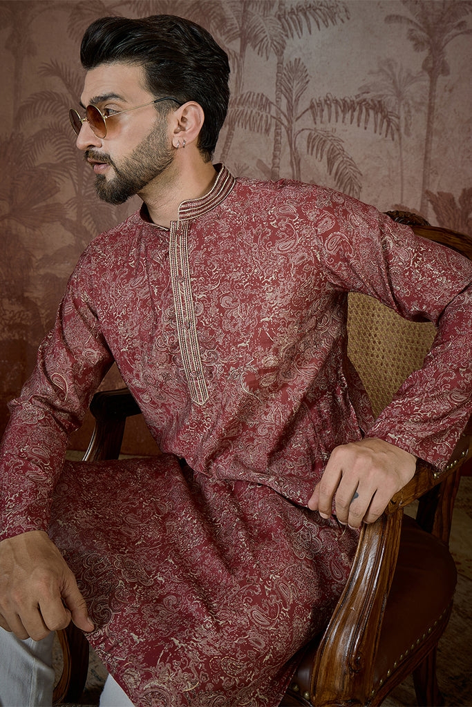 Maroon Silk Blend Floral Printed Kurta MKU2577