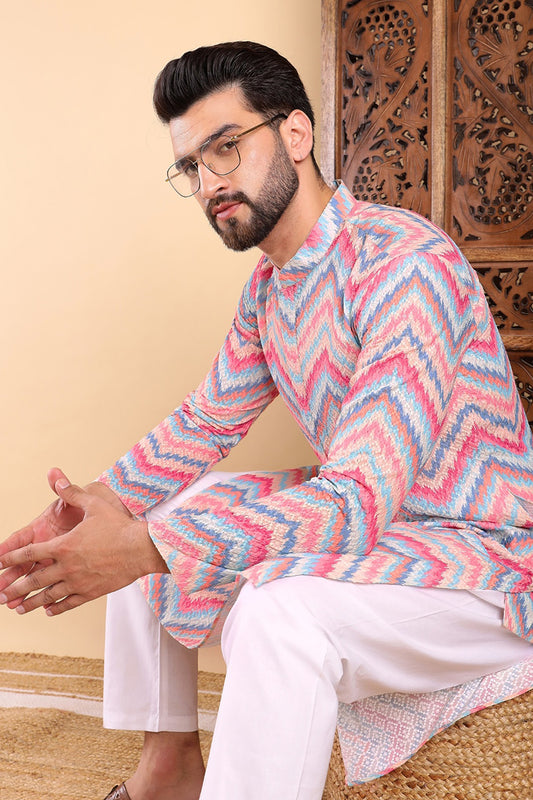 Pink Viscose Rayon Ikat Embroidered Straight Kurta For Men MKU1008PNK