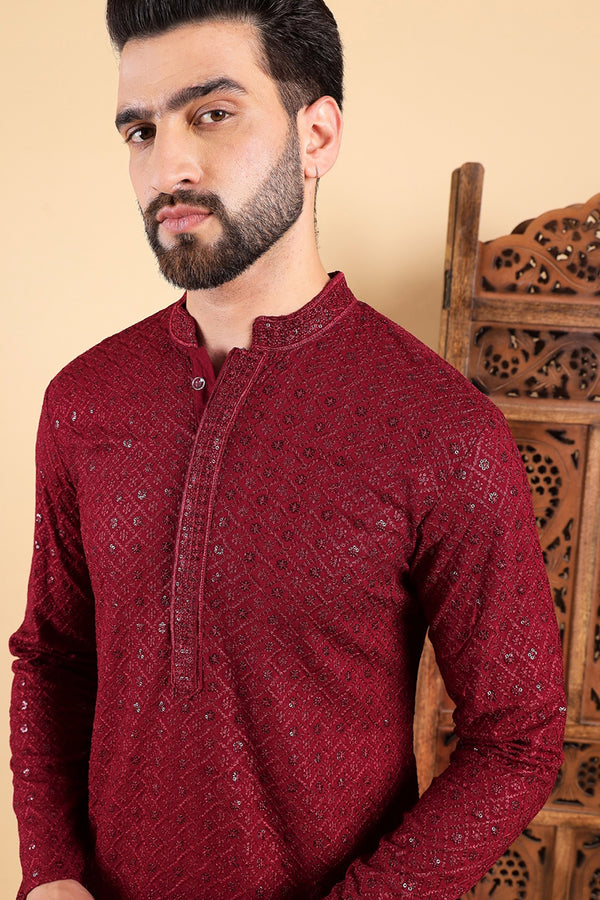 Maroon Viscose Rayon Solid Embroidered Straight Kurta For Men MKU1007MRN