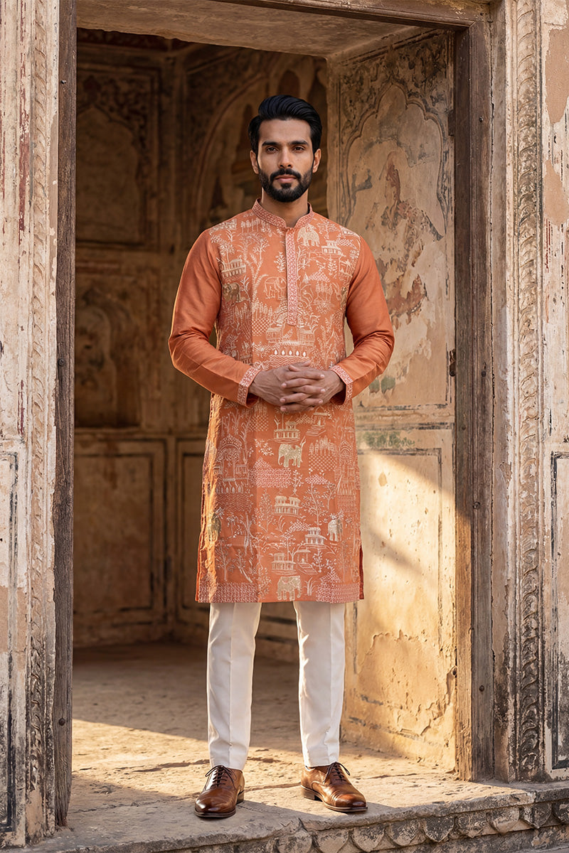 Peach Viscose Rayon Embroidered Straight Kurta With Trousers MKSET2169