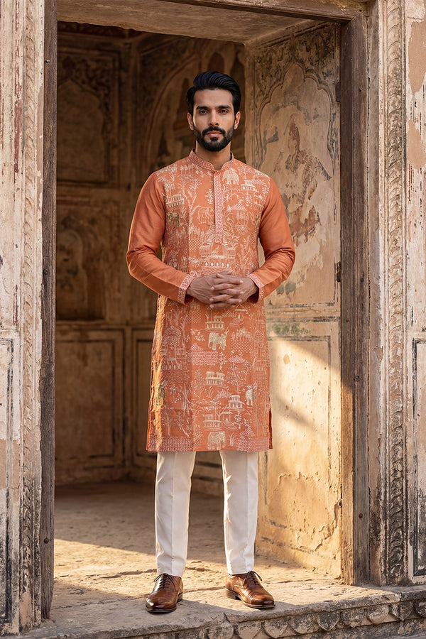 Peach Viscose Rayon Embroidered Straight Kurta With Trousers MKSET2169