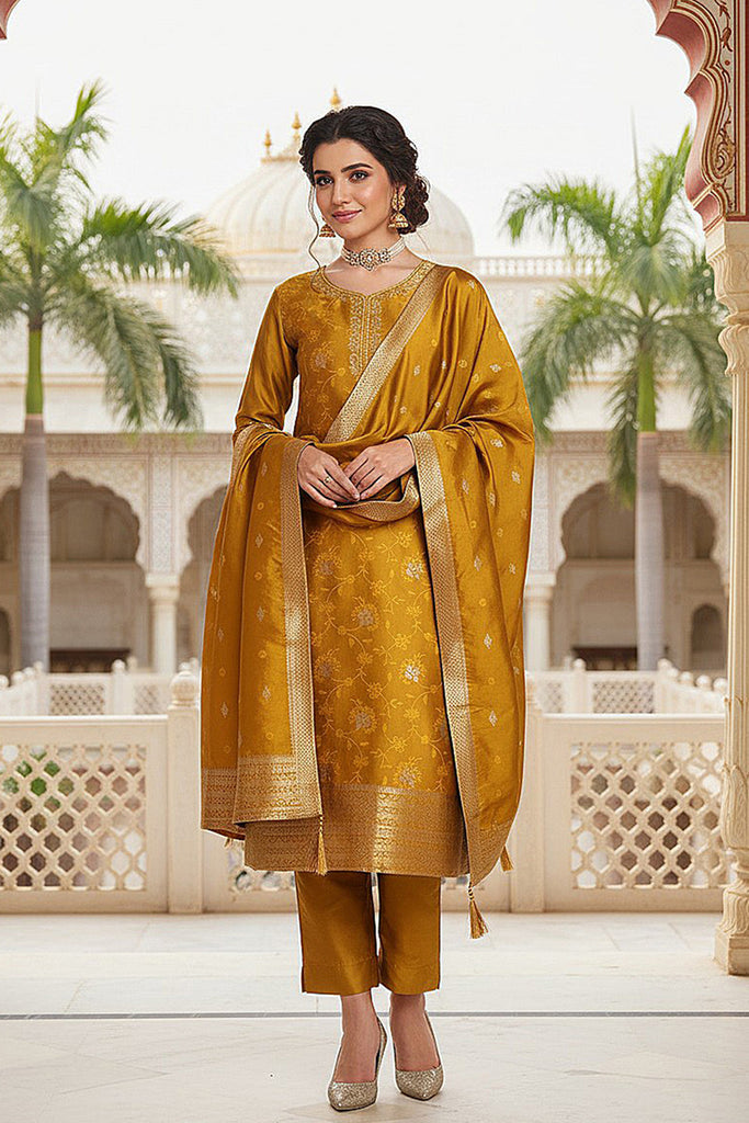 Mustard Silk Blend Ethnic Motifs Woven Design Straight Suit Set PKSKD2406