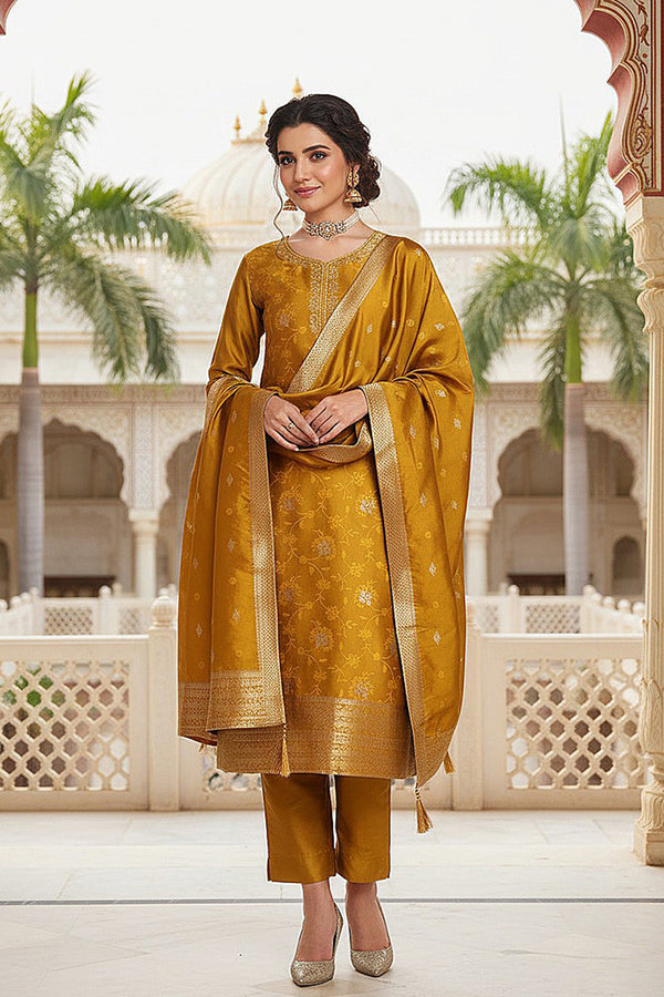 Mustard Silk Blend Ethnic Motifs Woven Design Straight Suit Set PKSKD2406