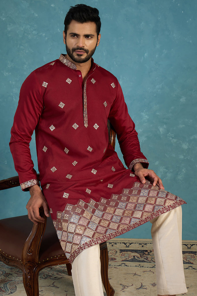 Silk Blend Maroon Solid Embroidered Calf Length Straight Kurta With Trousers MKSET2100