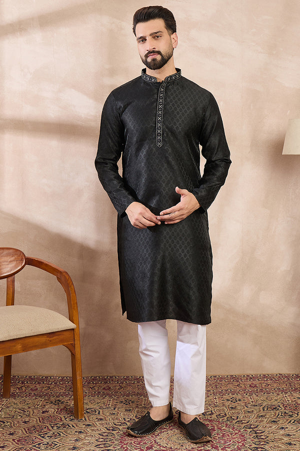 Black Silk Blend Solid Woven Design Straight Kurta With Trouser MKSET1854