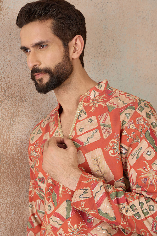 Coral Silk Blend Abstract Embroidered Kurta With Trouser MKSET2458