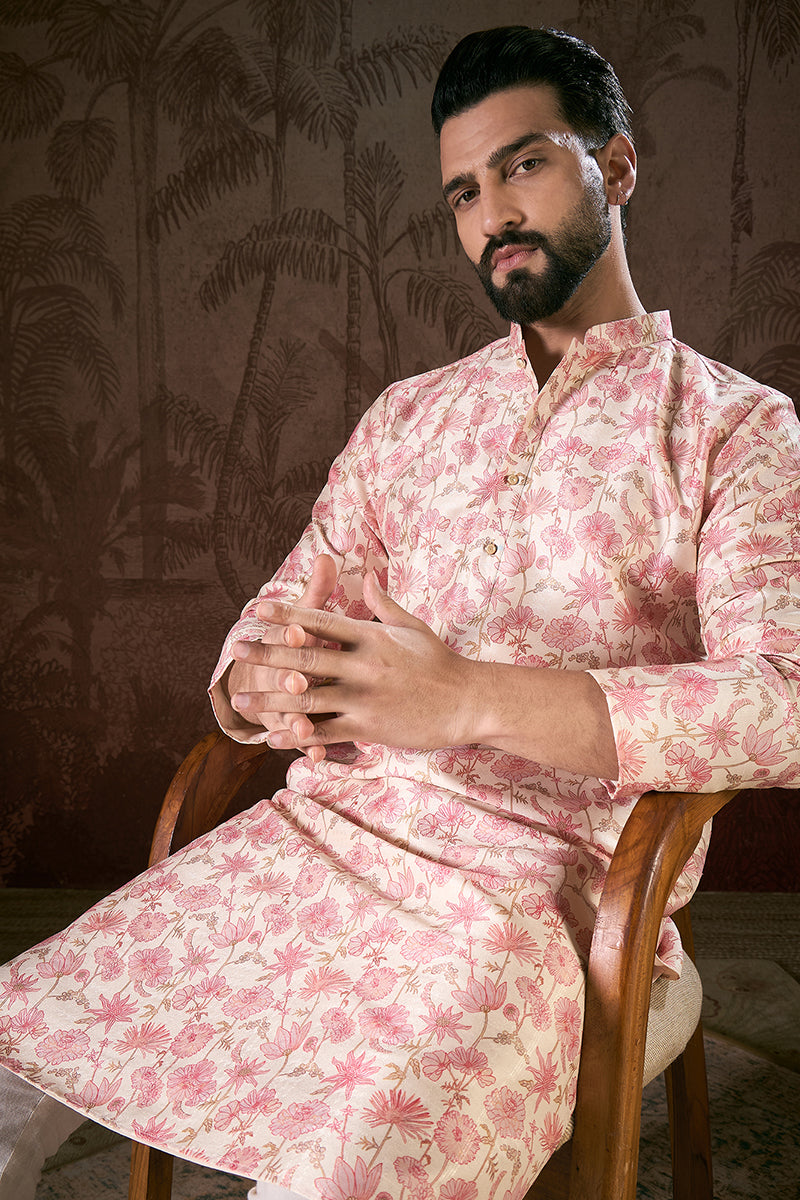 Off White Silk Blend Floral Printed Straight Kurta With Trouser MKSET1908
