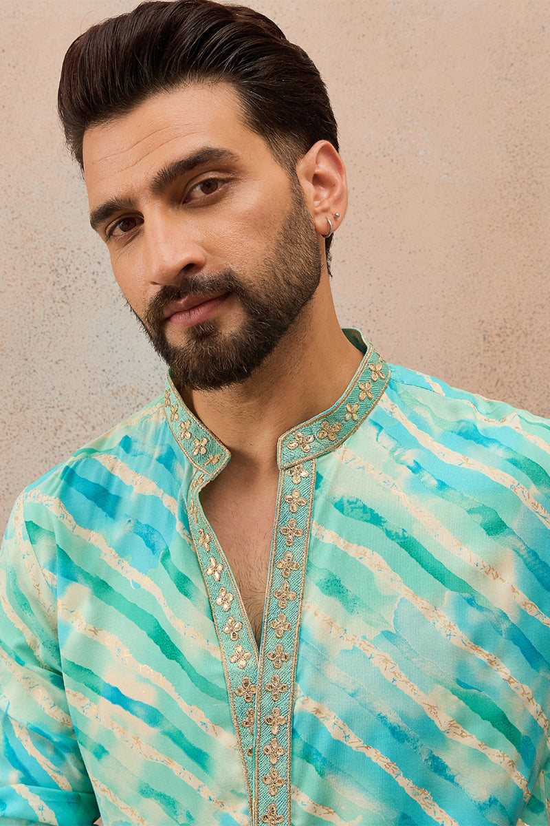 Turquoise Blue Viscose Rayon Leheriya Printed Kurta With Trouser MKSET2761