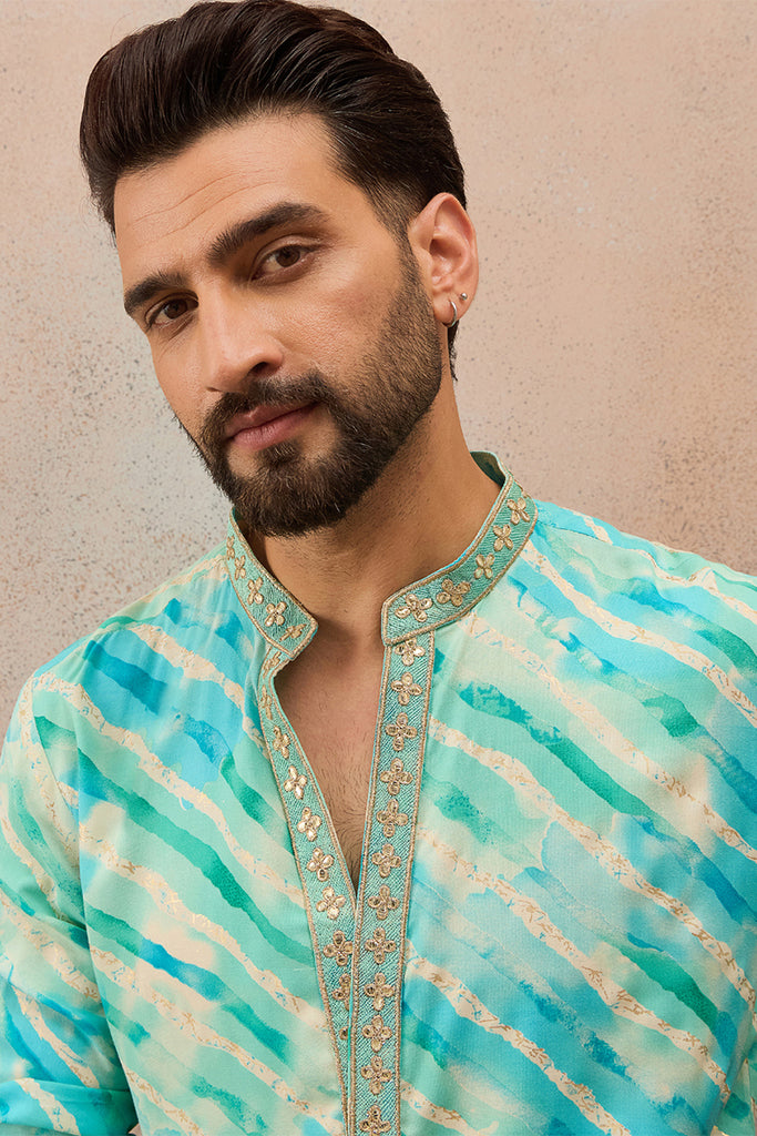 Turquoise Blue Viscose Rayon Leheriya Printed Kurta With Trouser MKSET2761