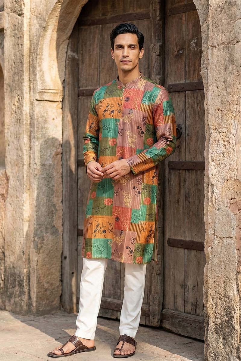 Multi Silk Blend Printed Straight Kurta With Trousers MKSET2077