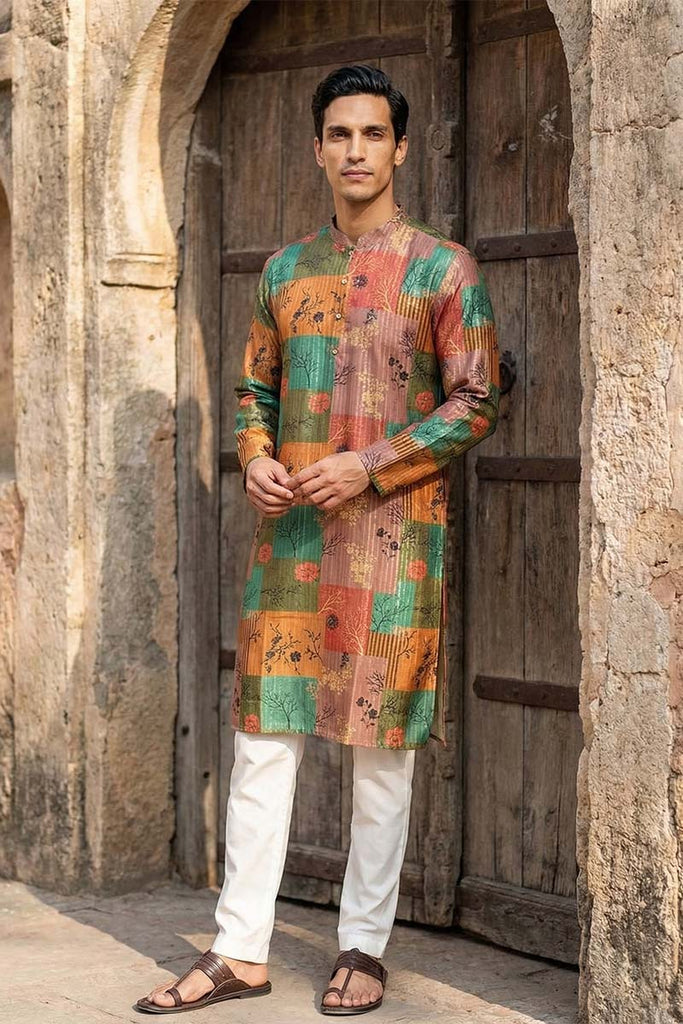 Multi Silk Blend Printed Straight Kurta With Trousers MKSET2077