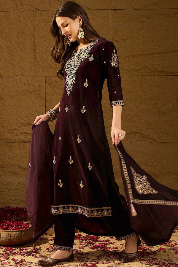 Purple Velvet Solid Embroidered Straight Trousers Suit Set PKSKD2254