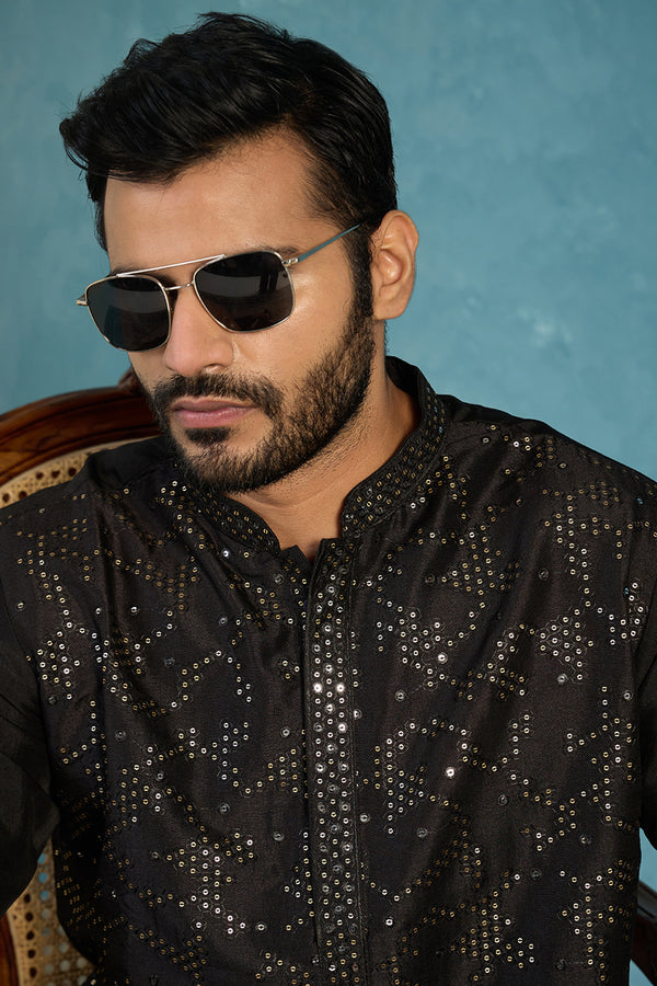 Silk Blend Black Solid Embroidered Calf Length Straight Kurta With Trousers MKSET2128