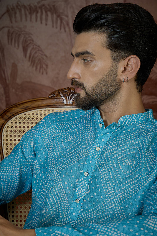 Blue Linen Bandhani Print Regular Kurta With Trouser MKSET2430