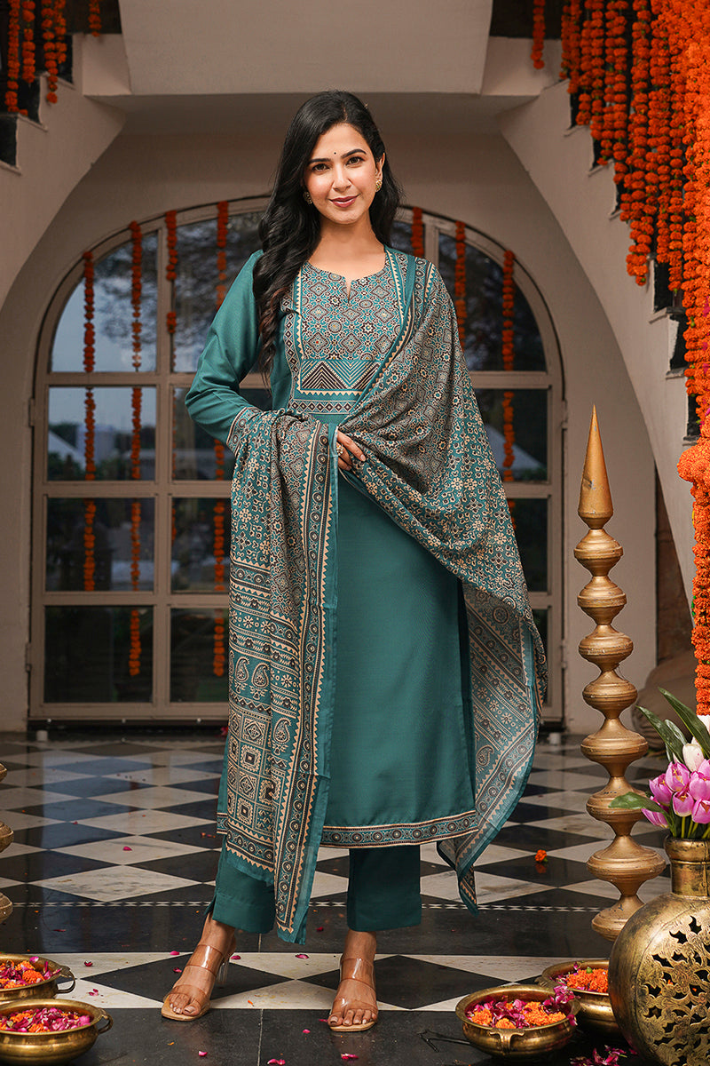 Teal Cotton Blend Ajrakh Printed Straight Kurta Trousers With Dupatta PKSKD3082