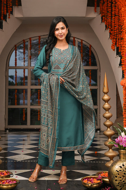Teal Cotton Blend Ajrakh Printed Straight Kurta Trousers With Dupatta PKSKD3082
