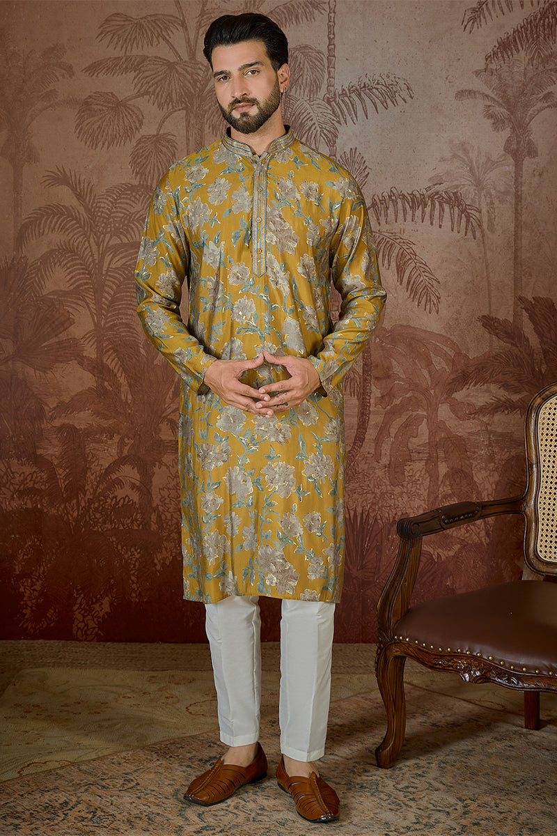 Mustard Silk Blend Floral Embroidered Kurta MKU2505