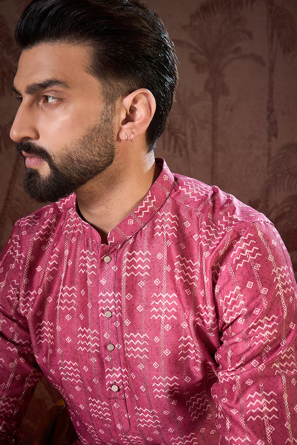 Pink Silk Blend Ethnic Motifs Printed Straight Kurta With Trouser MKSET1929