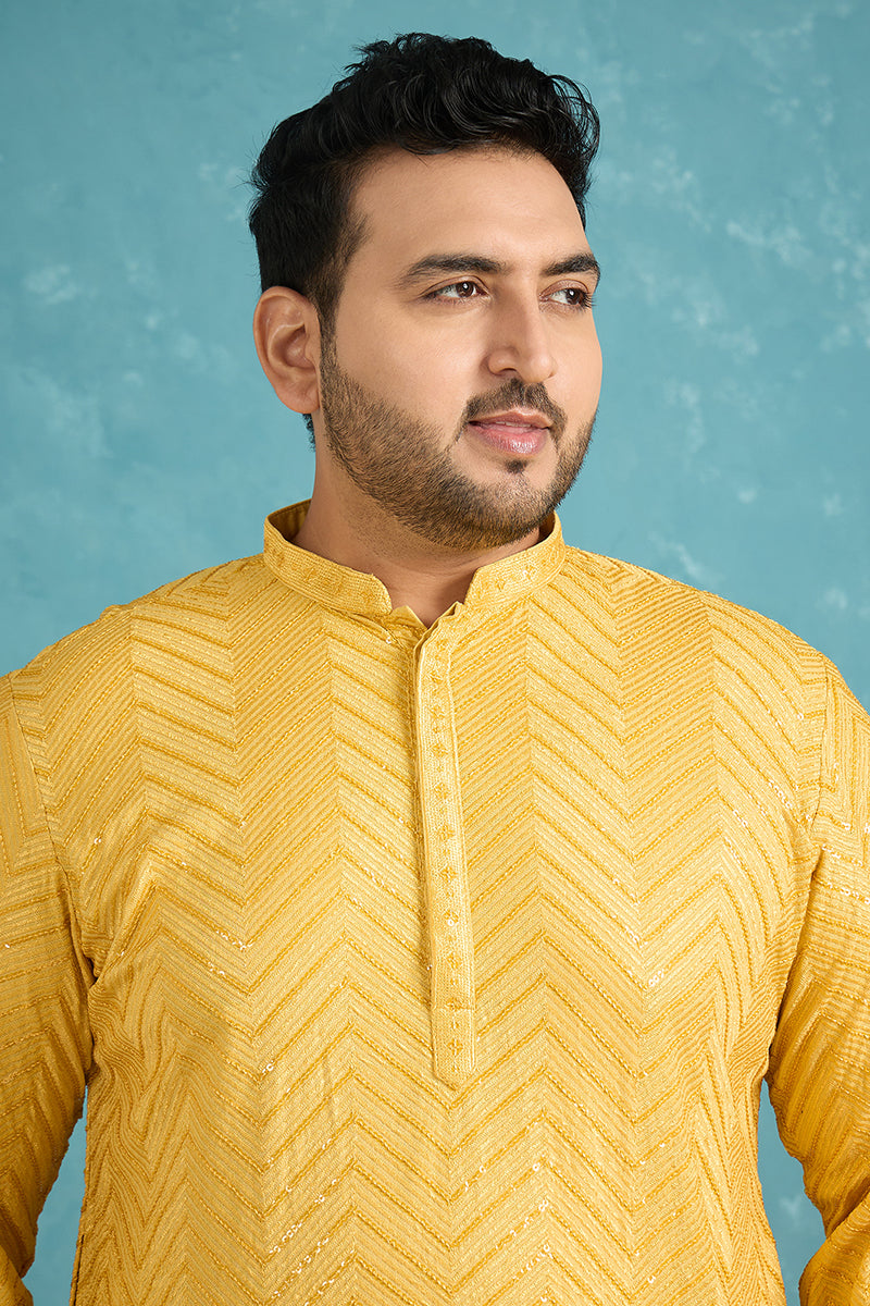 Yellow Viscose Rayon Solid Thread Work Embroidered Kurta MKU1204