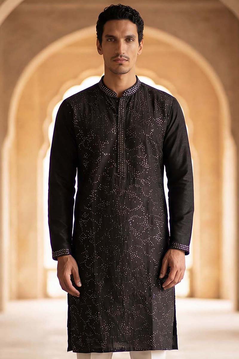 Silk Blend Black Solid Embroidered Calf Length Straight Kurta MKU2128