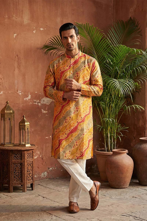 Yellow Silk Blend Printed Straight Kurta MKU2168