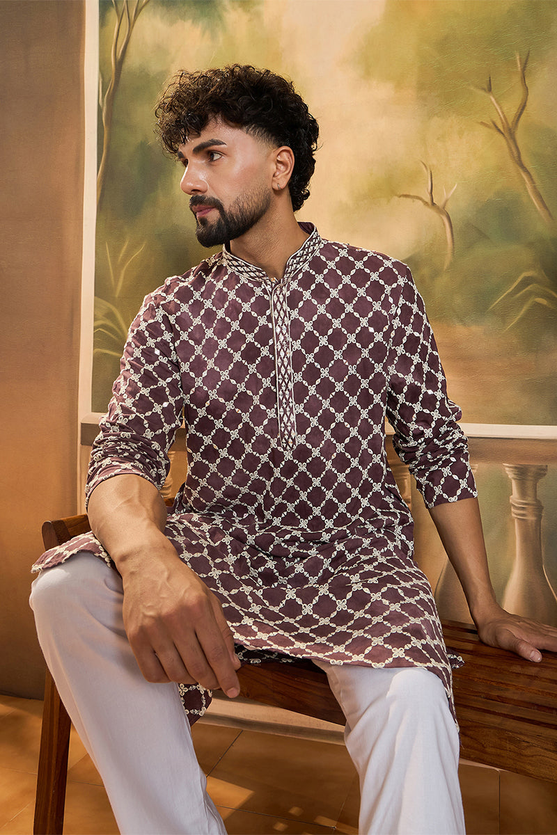 Dusty Purple Silk Blend Embroidered Shibori Straight Kurta With Trousers MKSET1418