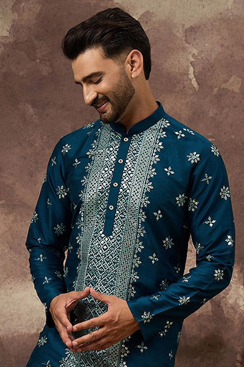 Blue Silk Blend Solid Embroidered Straight Kurta With Pant Set MKSET1371
