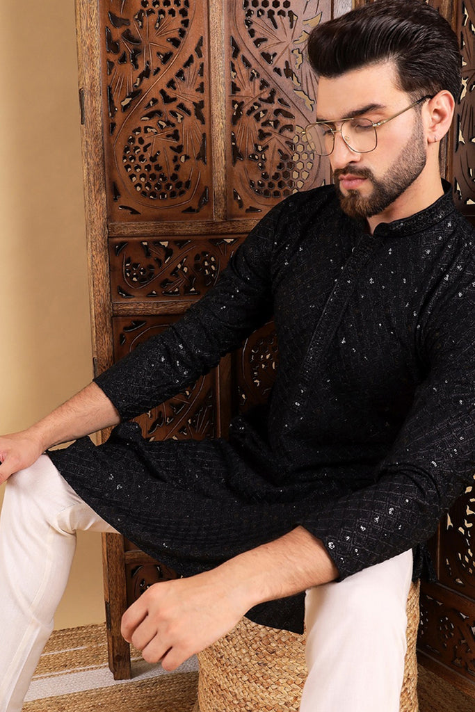 Black Viscose Rayon Solid Embroidered Straight Kurta For Men MKU1011BLK
