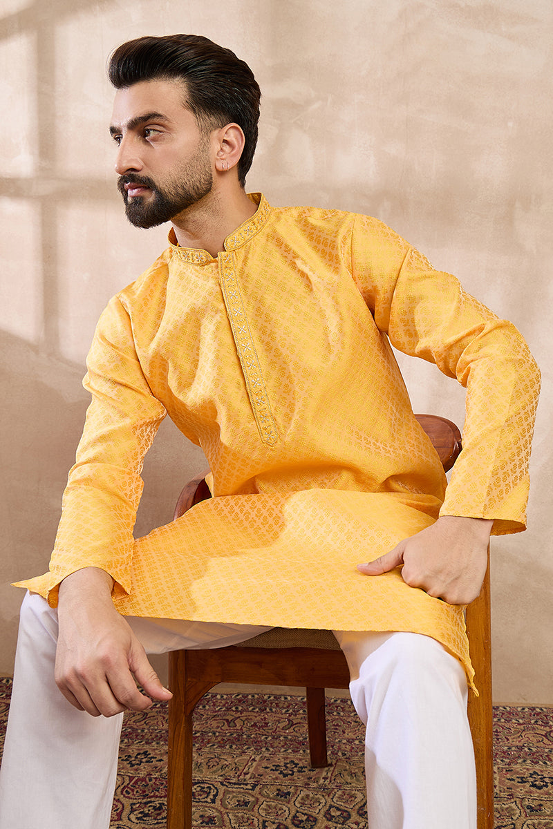 Yellow Silk Blend Solid Embroidered Straight Kurta With Trouser MKSET1837