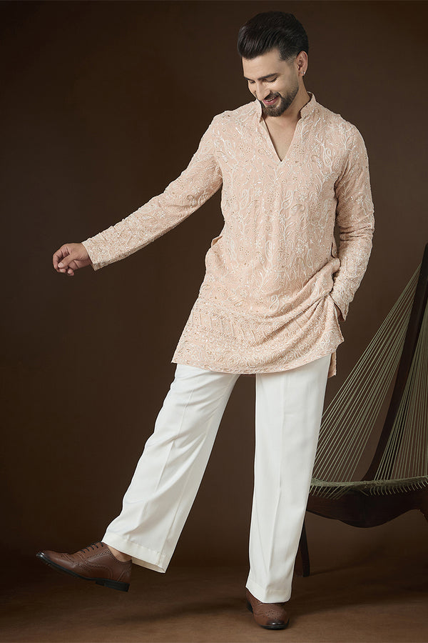 Peach Georgette Solid Embroidered V-Neck Kurta With Trouser MKSET2830