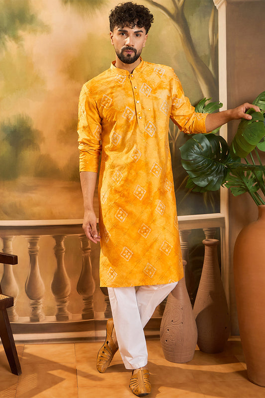Orange Silk Blend Batik Embroidered Straight Kurta with Trouser MKSET1466