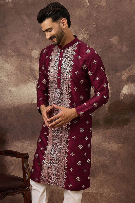 Maroon Silk Blend Solid Embroidered Straight Kurta MKU1369