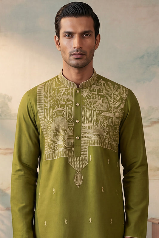 Green Silk Blend Solid Emboidered Straight Kurta With Trouser MKSET2373
