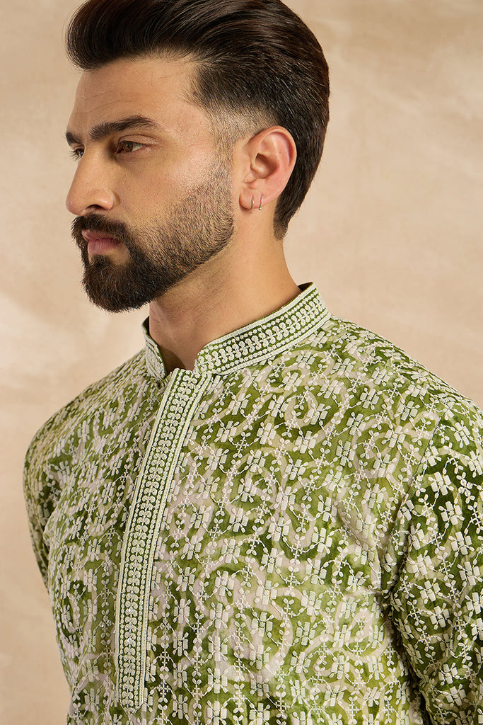 Green Viscose Rayon Batik Embroidered Straight Kurta With Trouser MKSET1717