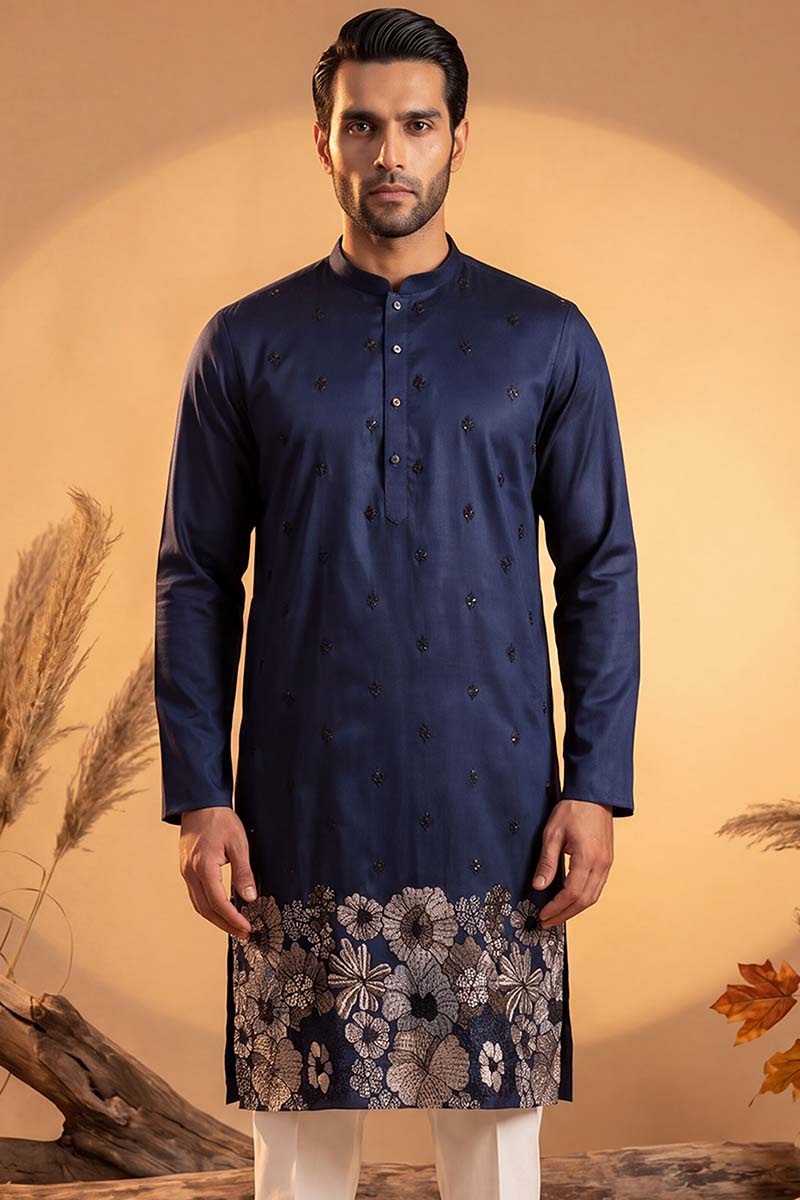Blue Silk Blend Solid Embroidered Kurta With Trousers MKSET2065