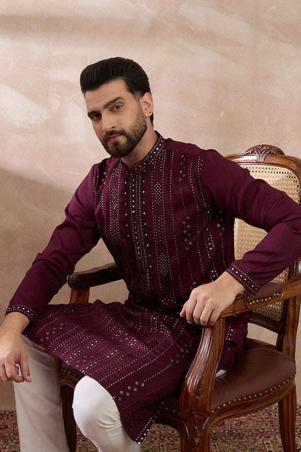 Purple Silk Blend Embroidered Mandarin Collar Straight Kurta With Trouser MKSET1889